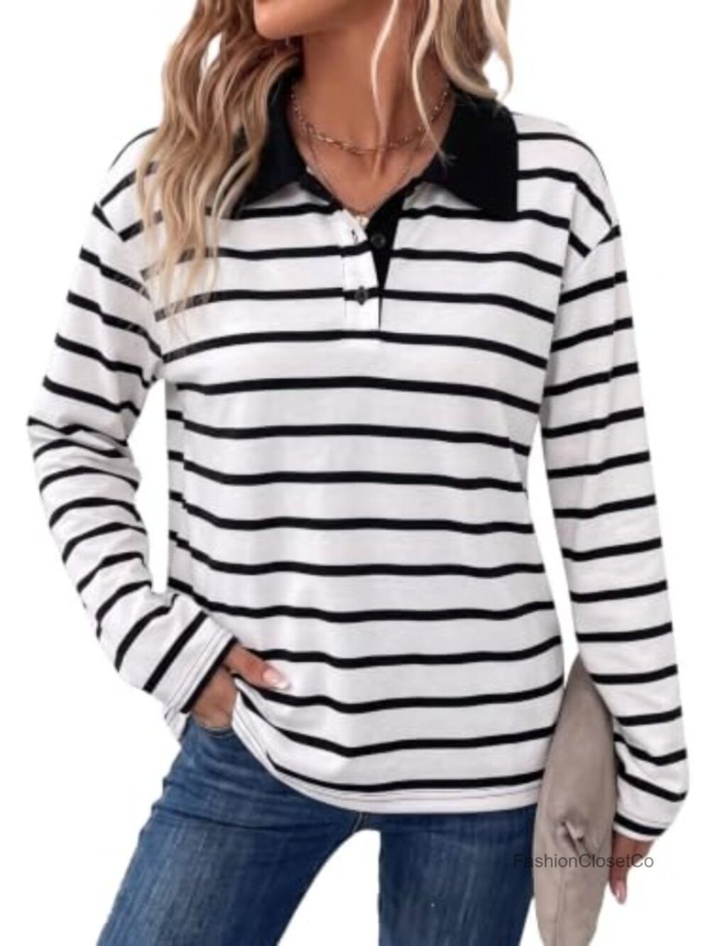 Women's Striped V-Neck Button Down Long Sleeve Polo Shirt - Cotton Blouse